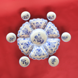 Bộ bát đĩa hoa mặt trời vẽ sen cổ xanh lam - gốm sứ thủ công tại Bát Tràng