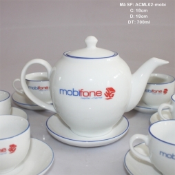Bộ ấm chén sứ chỉ xanh in logo MobiFone 700ml (Trắng)