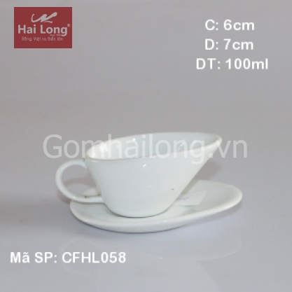 Ly sứ cafe cách điệu kèm đĩa kê dáng chiếc lá (Trắng)