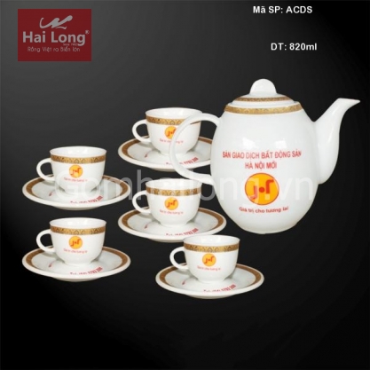 Bộ ấm chén sứ quà tặng Sàn GD bất động sản Hà Nội (Trắng)