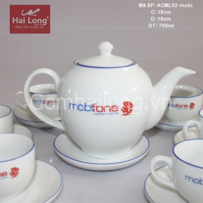 Bộ ấm chén sứ chỉ xanh in logo MobiFone 700ml (Trắng)