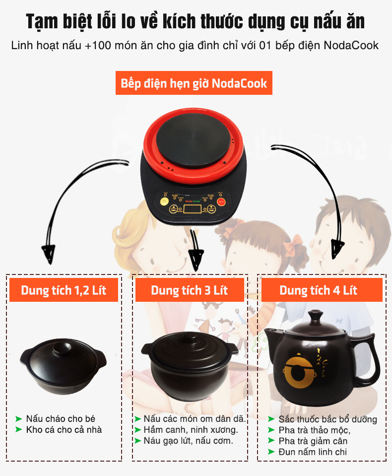 Kích thước nồi nấu cháo nhanh cho bé NodaCook