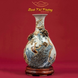 Bình Tỳ Bà men Rạn Gạo Nếp đắp nổi tích Trường Xuân Phú Quý (Đôi)