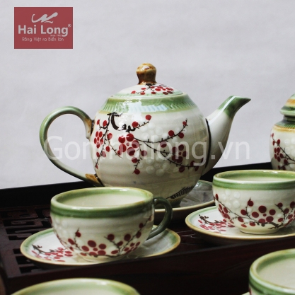 Bộ ấm chén dáng Minh Long vẽ hoa đào 500 ml (Men rêu)