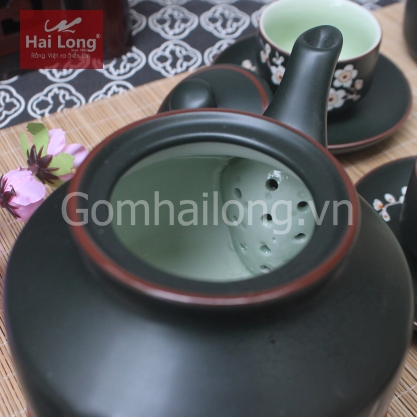 Bộ ấm chén dáng chóp vẽ hoa đào kèm phụ kiện (Men xanh)