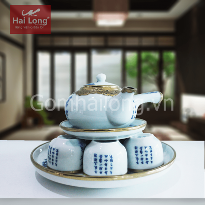 Bộ ấm chuôi giả cổ bọc đồng kèm khay tròn