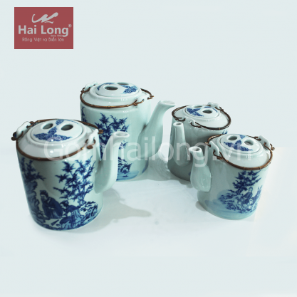 Bộ 04 ấm tích sứ Bát Tràng với các kích cỡ khác nhau (Xanh cổ)
