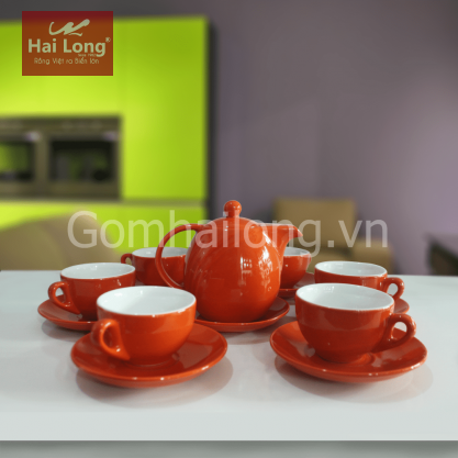 Bộ ấm chén cà phê Ý màu men cam lòng trắng