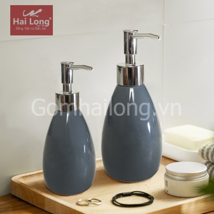 Bình phịt gốm sứ đựng dầu gội - sữa tắm dáng bầu (Ghi xám)
