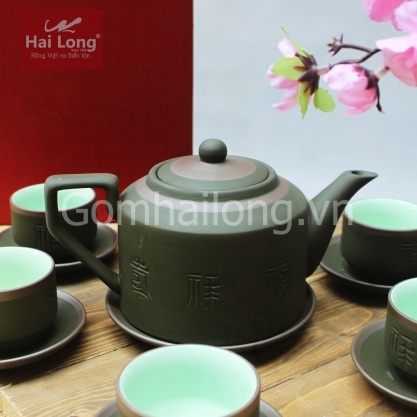 Bộ ấm chén tử sa Phúc Lộc Thọ xanh chỉ