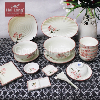 Bộ bát đĩa Sen chỉ hồng vẽ tay 19 món (Trắng)