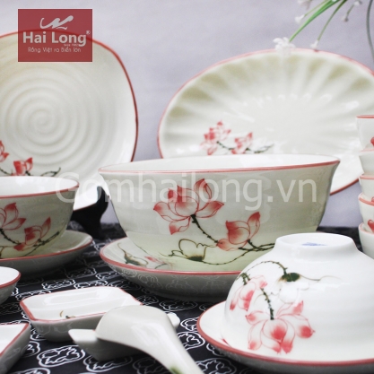 Bộ bát đĩa Sen chỉ hồng vẽ tay 19 món (Trắng)