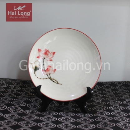 Đĩa sứ tròn vẽ tay Sen chỉ hồng cao cấp phi 18cm (Kem)