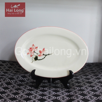 Đĩa sứ dáng bầu dục vẽ tay Sen chỉ hồng S2 (Kem)