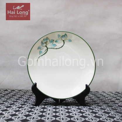 Đĩa sứ tròn cao cấp vẽ tay Sen xanh 20cm (Trắng)