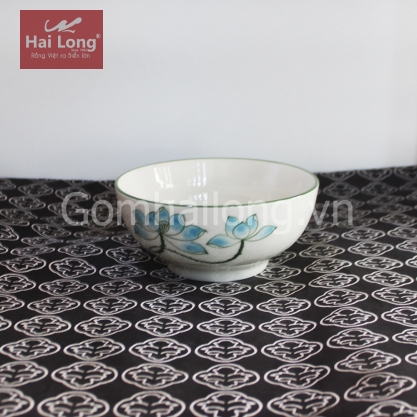 Bát cơm bầu bằng sứ cao cấp Bát Tràng vẽ tay Sen xanh (Trắng)