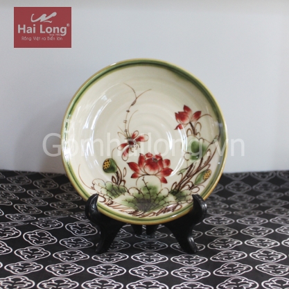 Đĩa sứ tròn Men xanh rêu cổ Sen đỏ phi 16cm