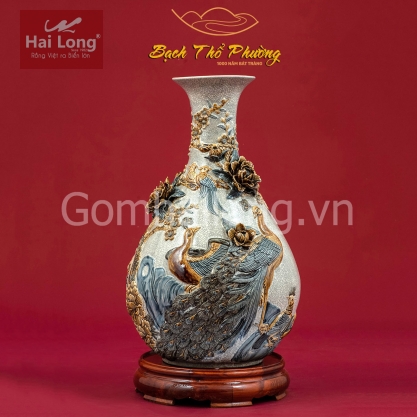 Bình Tỳ Bà men Rạn Gạo Nếp đắp nổi tích Trường Xuân Phú Quý (Đôi)