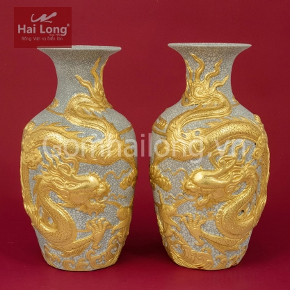 Tiểu Lộc Bình Long Cuốn Thủy men Rạn Gạo Nếp dát vàng